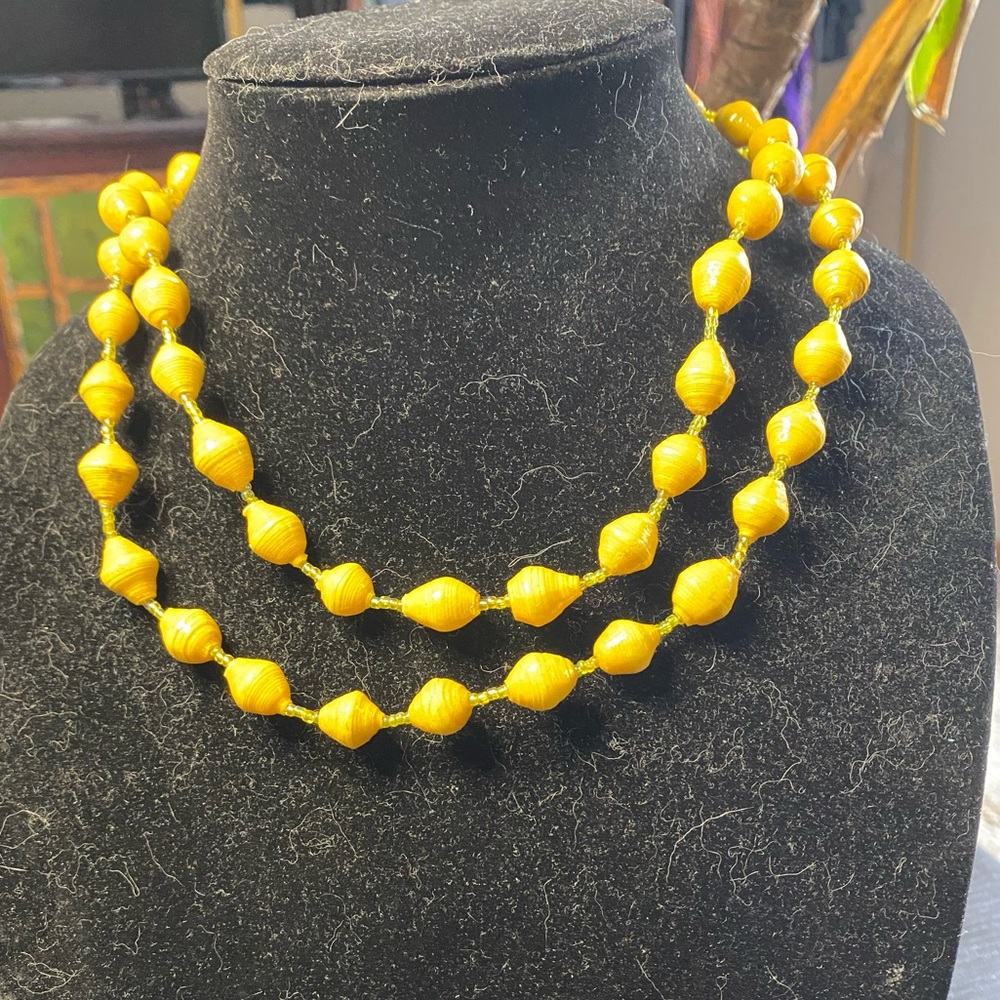 Bright yellow handmade paper bead necklace